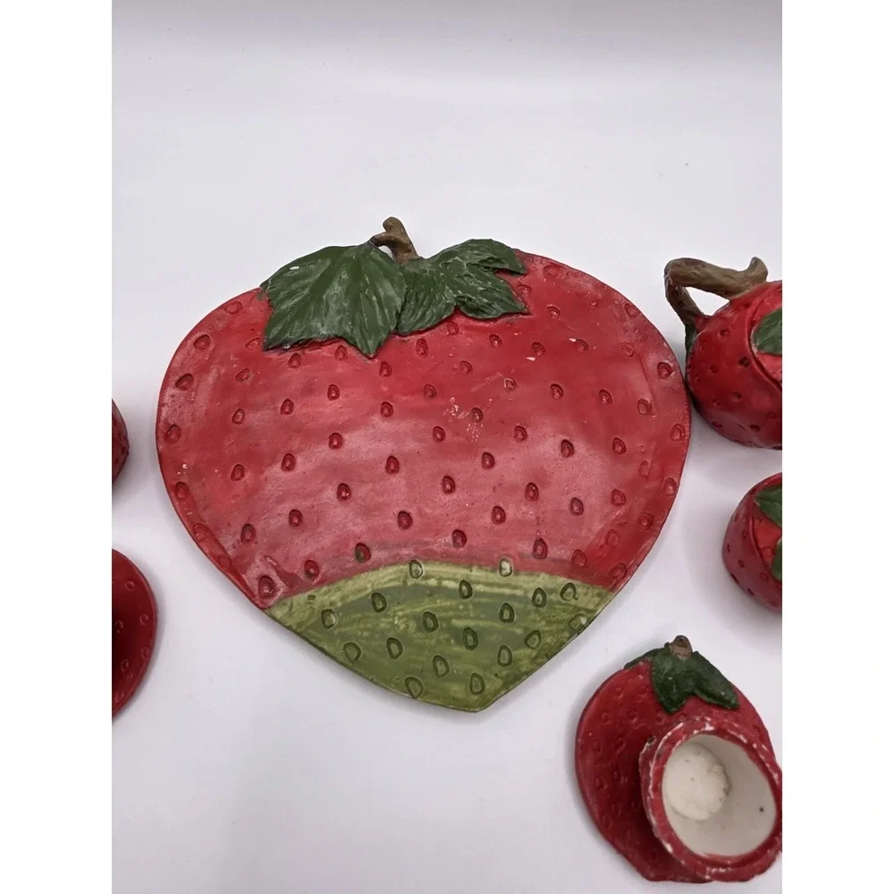 Strawberry Miniature Tea Set Red Strawberries VINTAGE - Resin Teapot Teacups